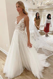 Ivory Tulle A-line V-Neck Sweep Train Wedding Dresses With Flowers, SW382