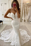 Mermaid Spaghetti Straps Deep V Neck Wedding Dress With Chapel Train, SW383