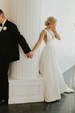 Simple Satin A Line Deep V-neck Wedding Dress With Sweep Train, SW384 | ivory wedding dresses | simple wedding dresses | bridal dresses | bridal gowns | cheap wedding dresses | Simidress.com