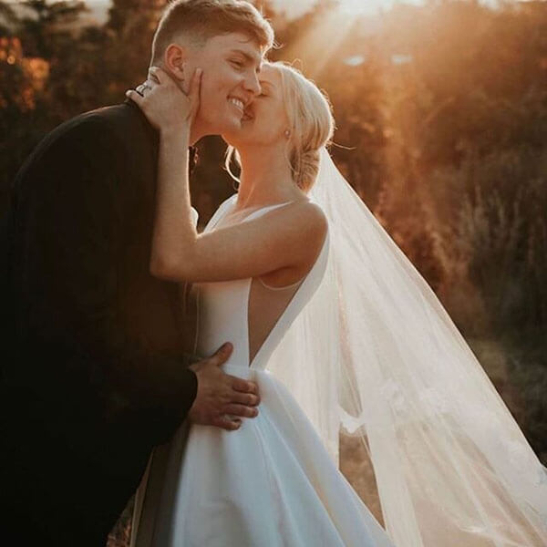 Simple Satin A Line Deep V-neck Wedding Dress With Sweep Train, SW384 | simple wedding dresses | ivory wedding dresses | beach wedding dresses | wedding dresses online | bridal dresses | simidress.com