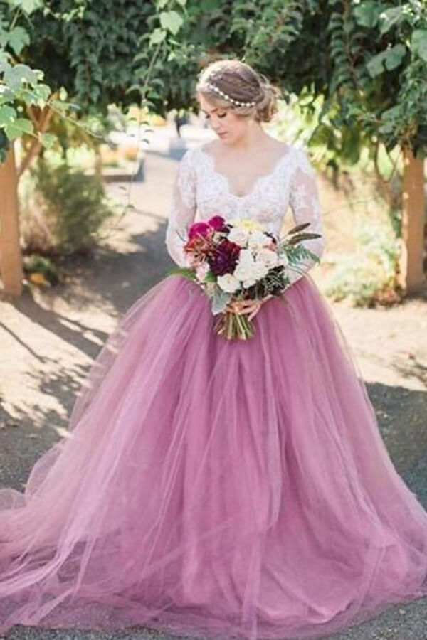 Rustic Mauve Tulle Lace Long Sleeves See Through Wedding Dresses, SW385 | wedding dresses | bridal gowns | mauve wedding dresses | cheap wedding dresses | Simidress