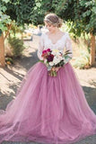 Rustic Mauve Tulle Lace Long Sleeves See Through Wedding Dresses, SW385