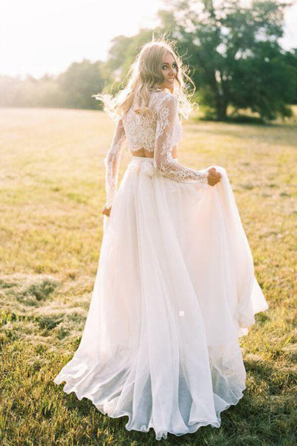 Two Piece Long Sleeve Top Lace Beach Wedding Dresses Bridal Dresses, SW386 | wedding dresses online | wedding dresses lace | wedding dresses near me | Simidress.com