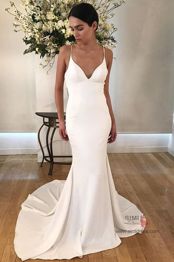 White Satin Mermaid Spaghetti Straps Wedding Dresses with Buttons, SW387 | white wedding dresses | simple wedding dresses | mermaid wedding dresses | bridals | bridal gowns | simidress.com