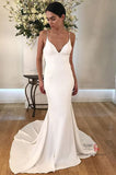 White Satin Mermaid Spaghetti Straps Wedding Dresses with Buttons, SW387