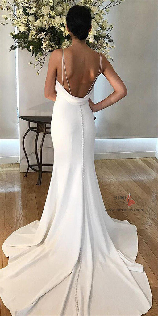 White Satin Mermaid Wedding Dresses with Buttons SW387 Simidress