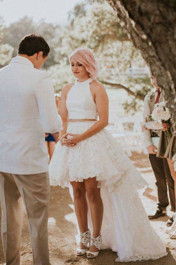 Ivory Lace Two Piece High-Low Short Wedding Dresses, Small Train Bridal Dress, SW388 | Simidress