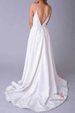 White Soft Satin V Neck Spaghetti Straps Wedding Dresses with Train, SW389 | simple wedding dresses | white wedding dresses | satin wedding dresses | wedding gowns | Simidress