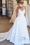 White Soft Satin V Neck Spaghetti Straps Wedding Dresses with Train, SW389 | Simple white wedding dresses | white wedding dresses | cheap wedding dresses | satin wedding dresses | Simidress