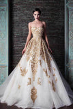 Gorgeous White Tulle Ball Gown Wedding Dresses With Gold Detail, SW390