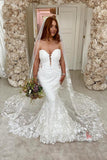Ivory Lace Mermaid Sweetheart Wedding Dress With Open Illusion Back, SW391