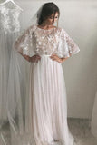 Ivory A-line Tulle Scoop Half Sleeves Lace Wedding Dresses with Train, SW392