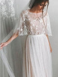 Ivory A-line Tulle Scoop Half Sleeves Lace Wedding Dresses with Train, SW392 | lace wedding dresses | wedding dress | bridal dresses | bridal gowns | tulle wedding dresses | weddings | Simidress