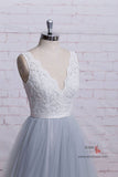  Ivory Lace Bodice Grey Tulle Skirt A-Line V-Neck Chapel Train Wedding Dresses, SW395 | Lace wedding dresses | wedding gowns | bridals | long wedding dresses | Simidress.com