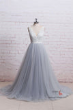  Ivory Lace Bodice Grey Tulle Skirt A-Line V-Neck Chapel Train Wedding Dresses, SW395 | wedding dresses | bridal dresses | wedding gowns | grey wedding dresses | Simidress.com