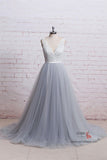 Ivory Lace Bodice Grey Tulle Skirt A-Line V-Neck Chapel Train Wedding Dresses, SW395