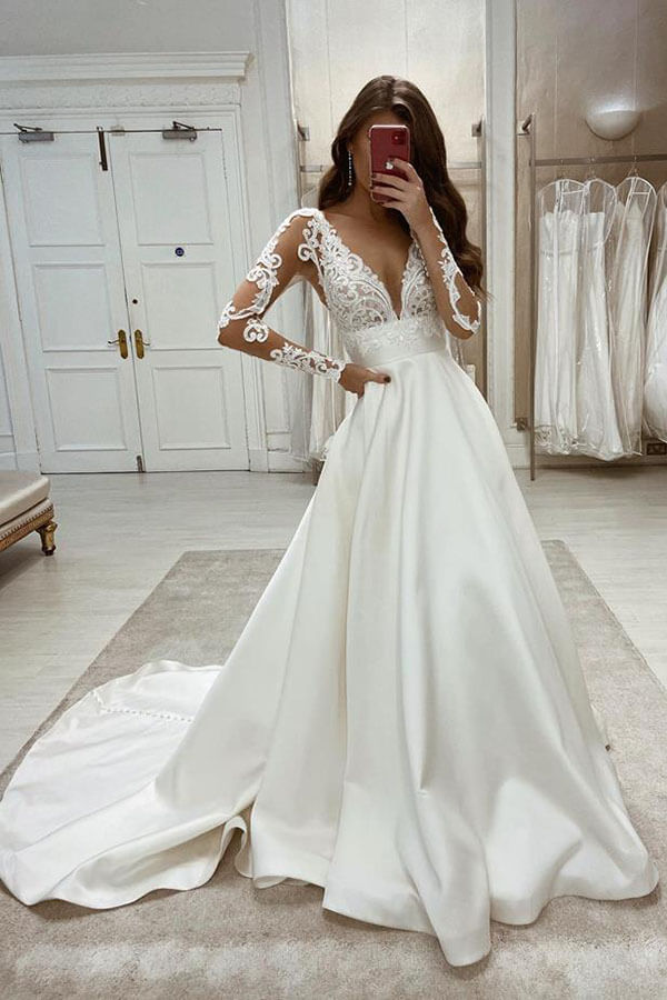 Fashion White Satin Ball Gwon V-neck Long Sleeve Wedding Dresses, SW398 | wedding dresses | lace wedding dresses | white wedding dresses | bridal gowns | long sleeve wedding dresses | Simidress.com