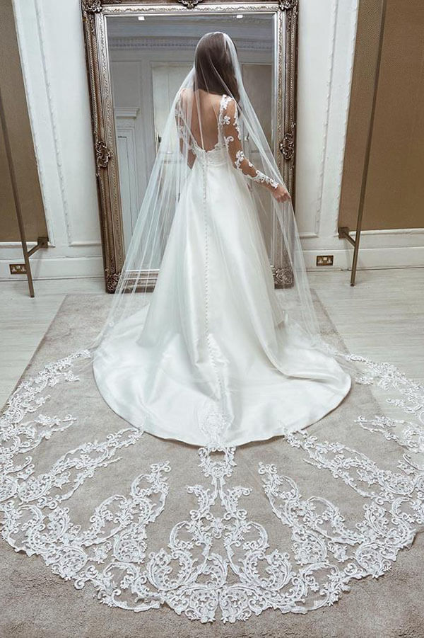 Long Sleeve Satin Wedding Dresses Cathedral Train Bridal Dresses W0078 –  vigocouture