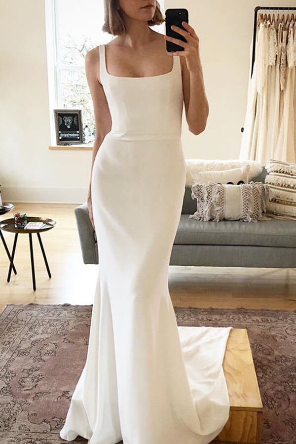 Soft Satin Mermaid Scoop Open Back Wedding Dresses With Court Train, SW400 | wedding dresses | Simple wedding dresses | ivory wedding dresses | mermaid wedding dresses | bridal gowns | bridal dresses | Simidress.com