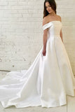 Simple Ruffled Satin Off-the-Shoulder Wedding Dresses With Pockets, SW401