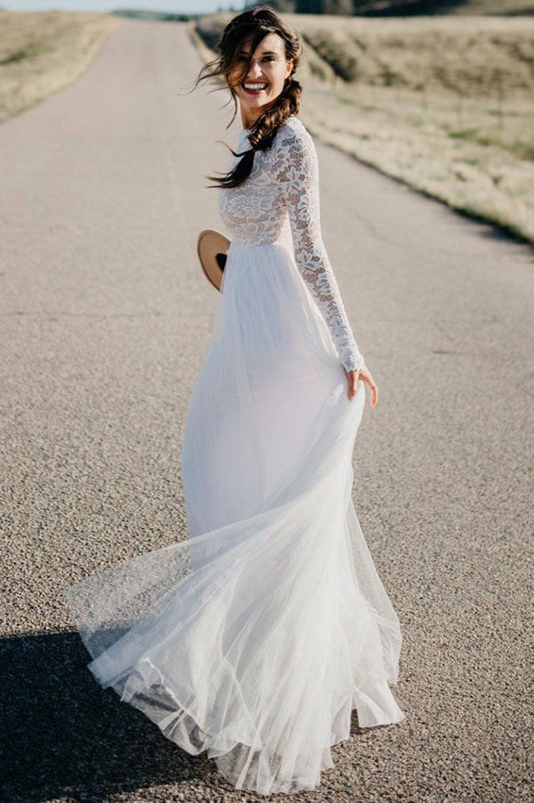 Bohemian White Lace Long Sleeve Beach Wedding Dress, SW402 | Simidress Bohemian White Lace Long Sleeve Beach Wedding Dress, SW402 | Simidress