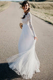 Modest Bohemian White Tulle & Lace Long Sleeve Beach Wedding Dresses, SW402