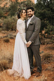 Modest Bohemian White Tulle & Lace Long Sleeve Beach Wedding Dresses, SW402 | lace wedding dresses | bridal dresses | long sleeve wedding dresses | Simidress.com