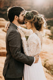 Modest Bohemian White Tulle & Lace Long Sleeve Beach Wedding Dresses, SW402 | lace wedding dresses | bridal dresses | wedding dresses near me | plus size wedding dresses | Simidress.com