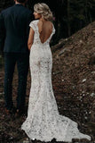 Ivory Lace Mermaid Cap Sleeves Long Wedding Dresses, Bridal Dresses, SW411
