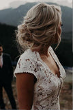 Ivory Lace Mermaid Cap Sleeves Long Wedding Dresses, Bridal Dresses, SW411 | boho wedding dresses | ivory wedding dresses | beach wedding dresses | lace wedding dresses | simidress.com