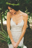 V-neck Open Back White Wedding Dress,Sweep Train Wedding Gowns SW30