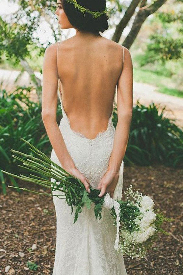V-neck Open Back White Wedding Dress,Sweep Train Wedding Gowns SW30