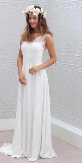 Cheap Simple Beach Open Back Wedding Dresses,Chiffon Lace Wedding Gown,SW60