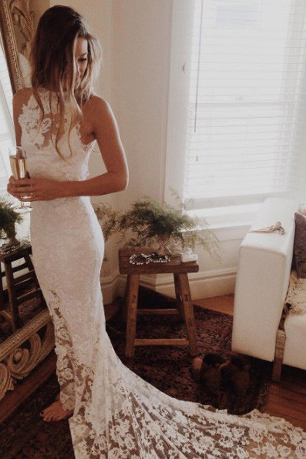 Lace Mermaid Princess Backless Wedding Gowns,Romantic Beach Wedding Dresses,SW61