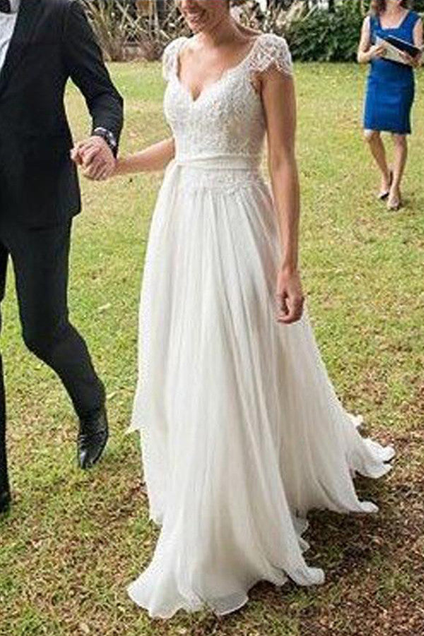 Ivory Cap Sleeves Lace Open Back Elegant BeachWedding Dress Bridal Bridal,SW62