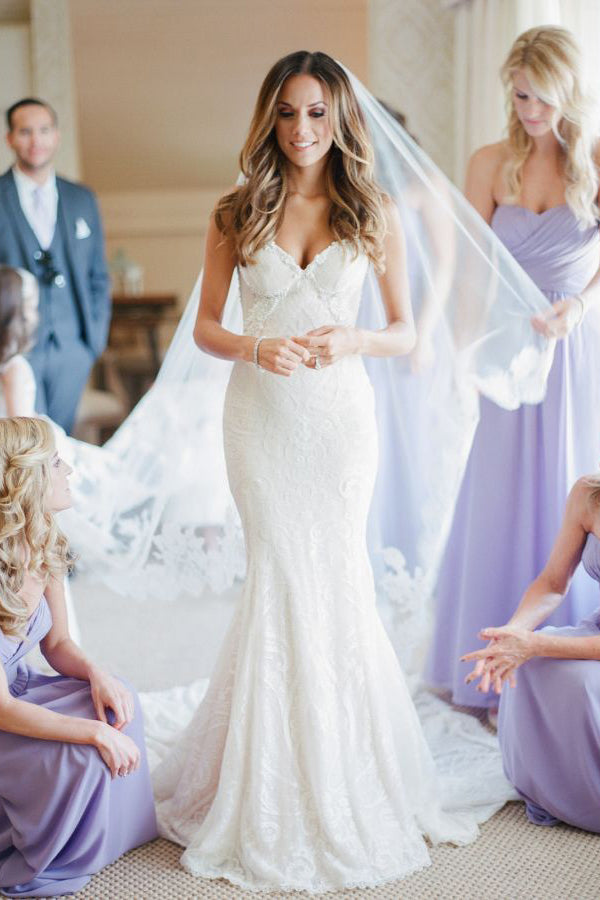 Sweetheart V Neck Sweep Train Wedding Dresses,Trumpet Lace Up Appliques Wedding Gown
