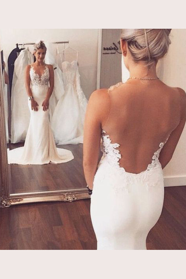 Sweetheart Spaghetti Sheer Back Wedding Dresses,Trumpet Sweep Train Wedding Gown