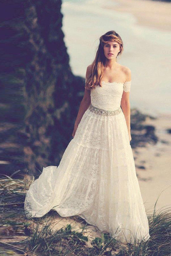 Off Shoulder Open Back Wedding Dresses,Beading Belt Beach Wedding Gown