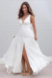 Deep V Neck Side Slit Wedding Dresses,Simple V Back Beach Wedding Gown,SW76