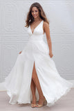 Deep V Neck Side Slit Wedding Dresses,Simple V Back Beach Wedding Gown