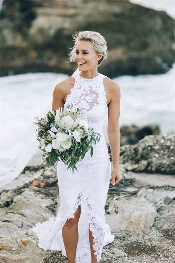 Halter Sweep Train Wedding Dresses,Lace Up Appliques Back Beach Wedding Gown  – Simidress