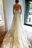 Sweetheart Spaghetti Wedding Dresse,Sweep Train Open Back Beach Wedding Gown