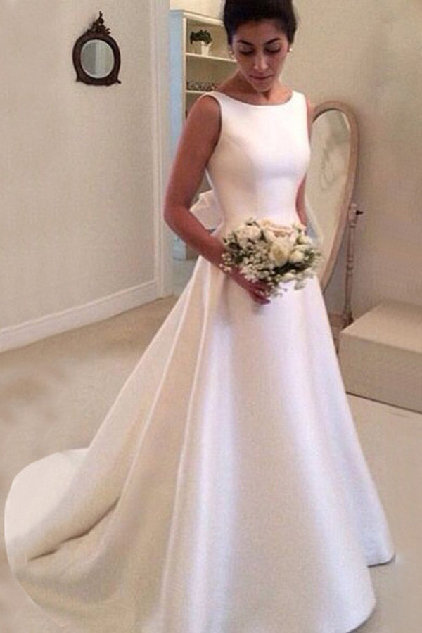 Boat Sleeveless Wedding Dresse,Sweep Train Deep V Back Cheap Wedding Gown