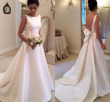 Boat Sleeveless Wedding Dresses,Sweep Train Deep V Back Cheap Wedding Gown,SW80