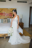 Deep V Neck Wedding Dresses,Sweep Train Appliques Cheap Wedding Gown