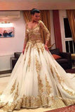 Gold Lace V-Neck Long Sleeves Chapel Train Ball Gown Wedding Dresses with Beading,SW87