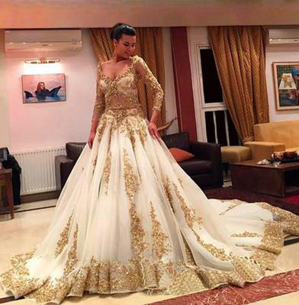 Glitter White Wedding Dress With Gold Lace Appliques Princess Ball Gown  Long Sleeves Brazilian Bridal Dresses 100% Real Photos - Wedding Dresses -  AliExpress