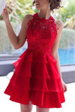 Red Short Prom Dresses, A-line Lace Scoop Neck Chiffon Tiered Homecoming Dresses, SH88