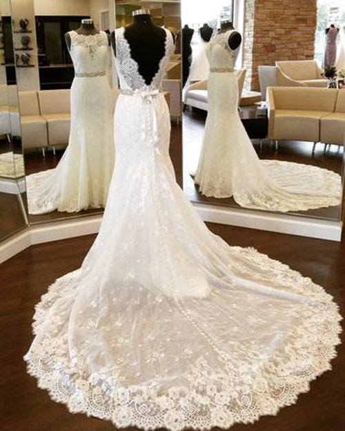 Open Back Lace Mermaid Vintage Scoop Neckline Wedding Dresses ,SW89