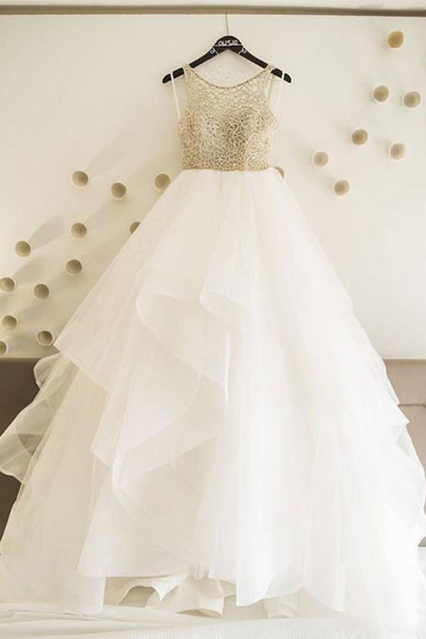 White A line Tulle Wedding Dresses, Cheap Long Prom Dress, SW90